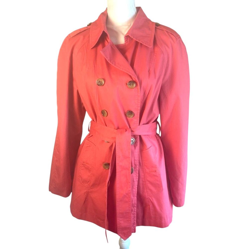 St. Johns Bay Womens Classic Trench Coat Sz L Preppy Reddish Pink Heritage - Picture 2 of 16
